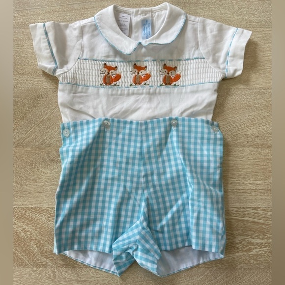 Vive La Fete Other - Collection Bebe Vive La Fete Blue White Gingham Shorts Romper Smocked Foxes Boys